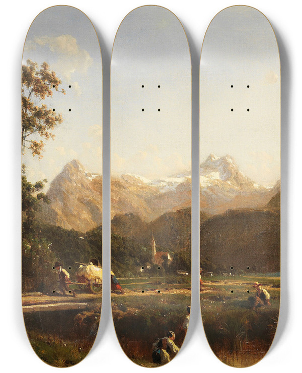 Triptych art skateboard deck of Karl Girardet Schweizer Alpenlandschaft by Karl Girardet (1813-1871)