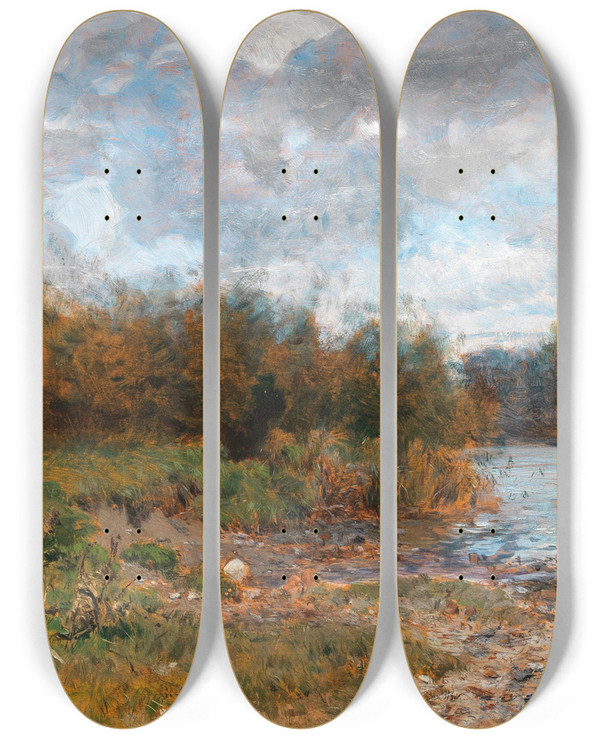 Triptych art skateboard deck of Gza Mszly A River Landscape by Geza Meszoly (1844-1887)