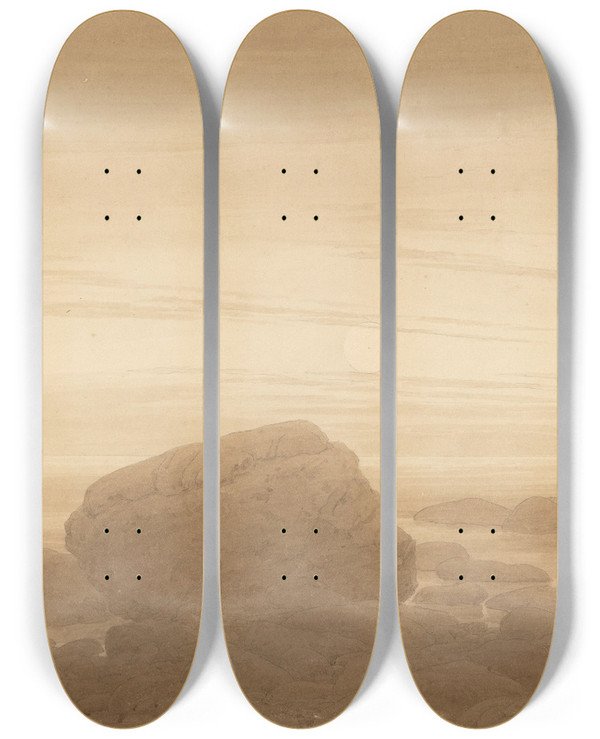 Triptych art skateboard deck of Caspar David Friedrich Mondaufgang Ber Einsamem Ufer by Caspar David Friedrich (1774-1840)