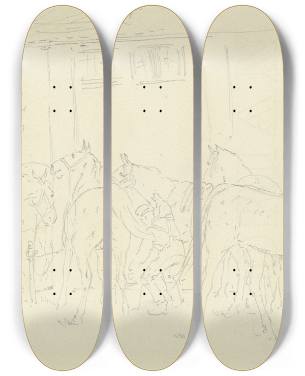 Triptych art skateboard deck of Heinrich Lang Cleaning The Horses In The Camp by Heinrich Lang (1838-1891)