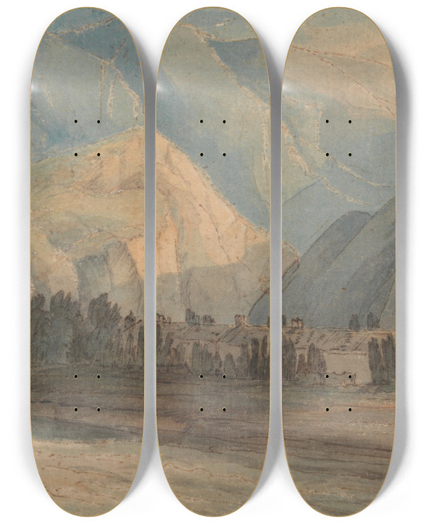 Triptych art skateboard deck of Francis Towne The Grange At The Head Of Keswick Lake by Francis Towne (1739-1816)