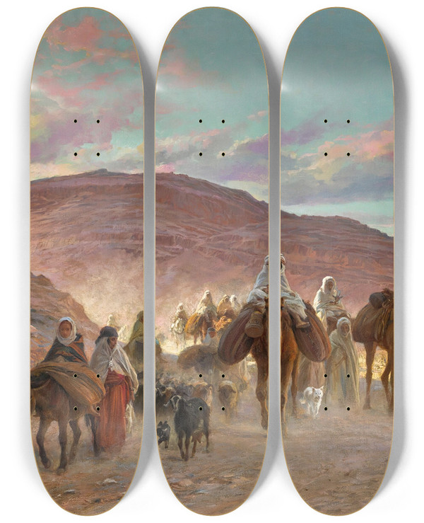 Triptych art skateboard deck of Eugne Girardet A Desert Caravan by Eugene Girardet (1853-1907)