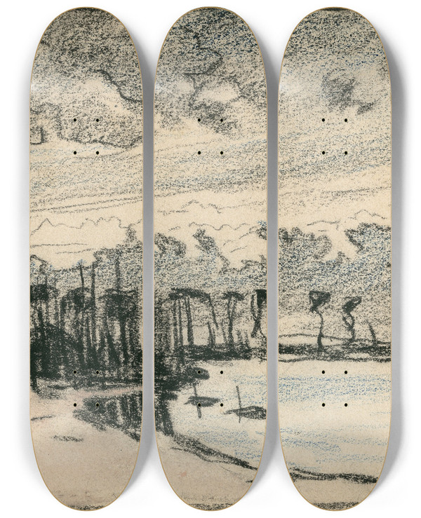 Triptych art skateboard deck of Adolf Le Comte Bomen Rond Een Waterplas by Adolf Le Comte (1850-1921)