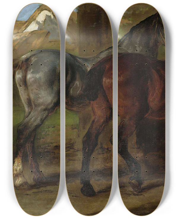 Triptych art skateboard deck of Rosa Bonheur Two Horses In A Stable by Rosa Bonheur (1822-1899)