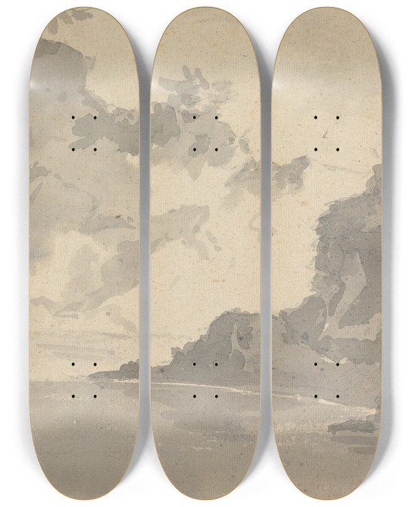 Triptych art skateboard deck of William Gilpin Sketch With A Castle On A Mountaintop by William Gilpin (1724-1804)