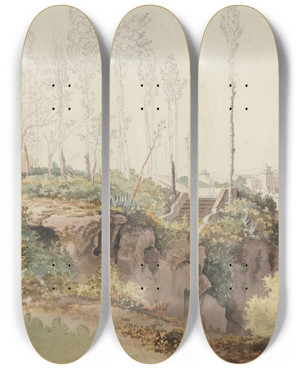 Triptych art skateboard deck of Carlo Labruzzi The Baths Of Caracalla Rome by Carlo Labruzzi (1748-1817)
