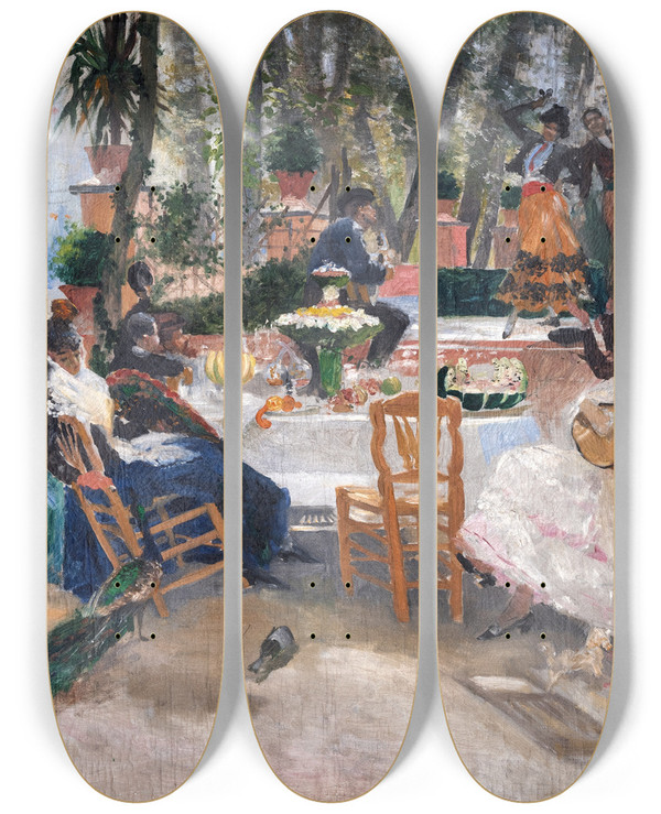 Triptych art skateboard deck of Hugo Birger Lunch During La Feria In Granada Sketch by Hugo Birger (1854-1887)