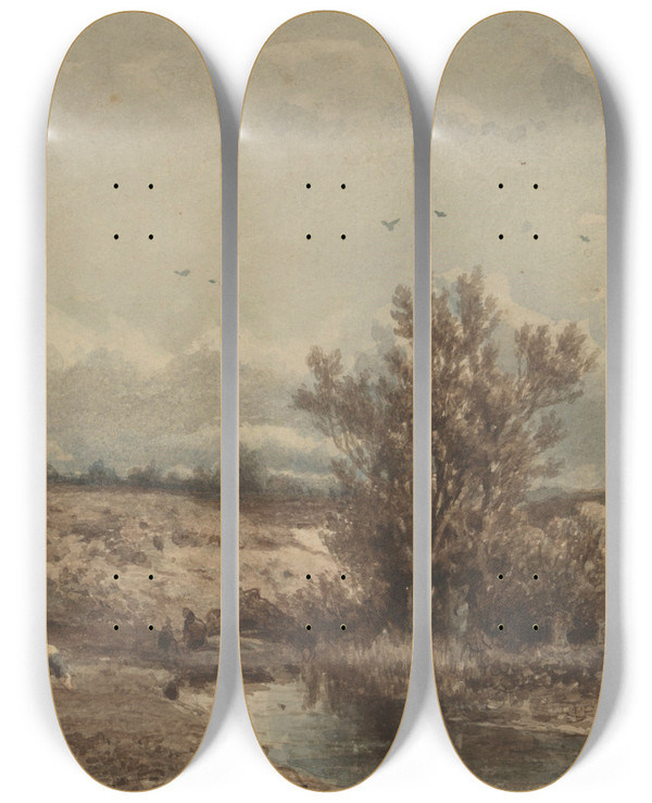 Triptych art skateboard deck of Jan Vrolijk Landschap Met Rivier En Koeien by Jan Vrolijk (1846-1894)