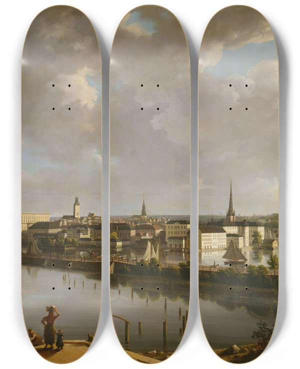 Triptych art skateboard deck of Thomas Fearnley View Of Stockholm by Thomas Fearnley (1802-1842)