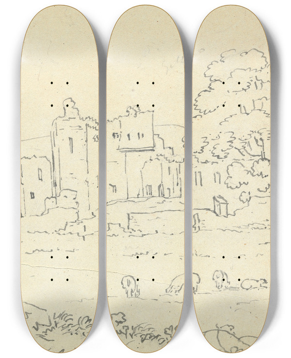 Triptych art skateboard deck of Thomas Bradshaw Sketch Of Castle Ruins With Cows Grazing In The Foreground by Thomas Bradshaw (1767)