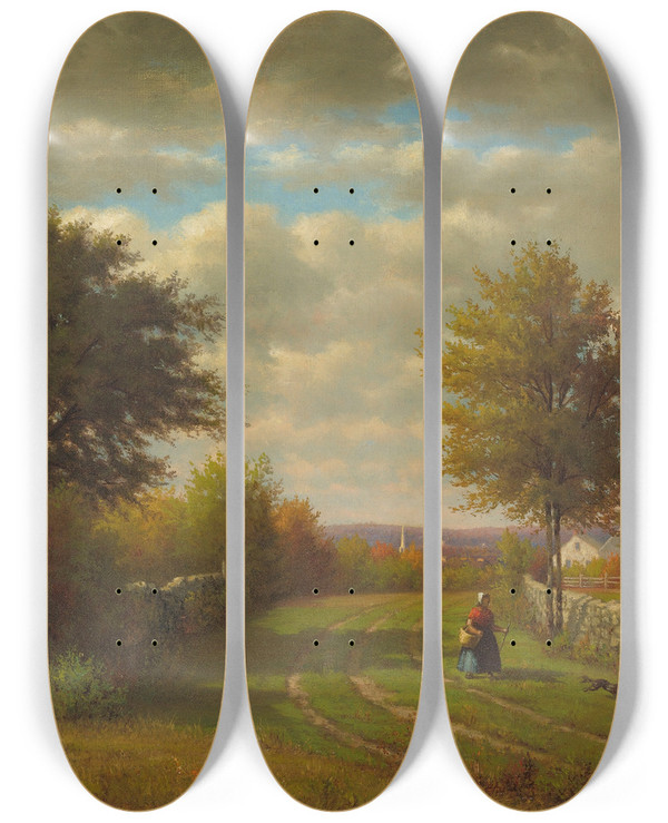 Triptych art skateboard deck of George Inness Going To Market by George Inness (1825-1894)