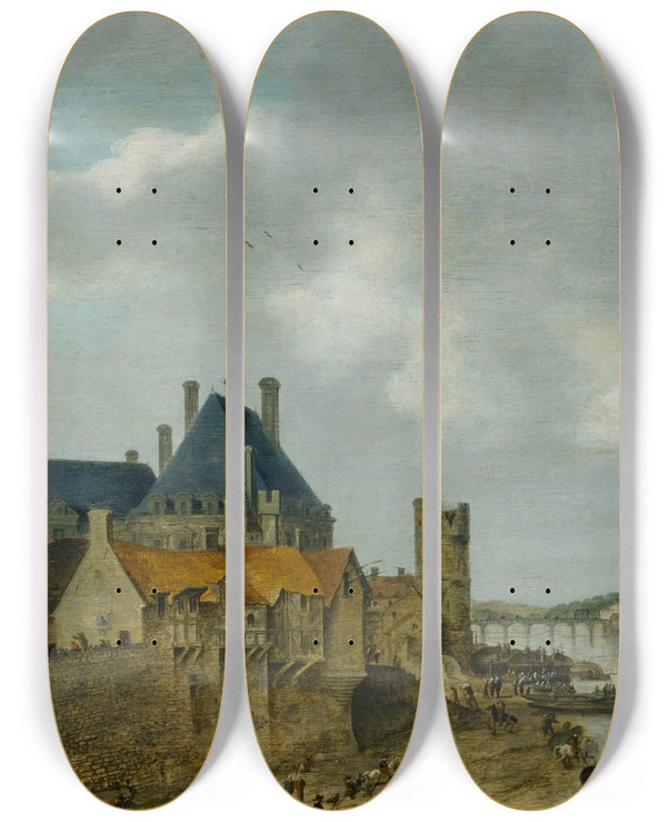 Triptych art skateboard deck of Abraham De Verwer Le Quartier Du Petit Nesle Avec Lhtel De Nevers La Tour De Nesle La Grande Galerie Du Louvre Et Le Pont Royal En Bois Vus Du Pontneuf by Abraham de Verwer (1585-1650)