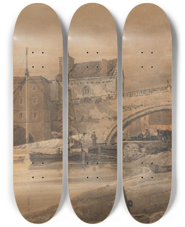 Triptych art skateboard deck of Thomas Girtin Ouse Bridge York by Thomas Girtin (1775-1802)