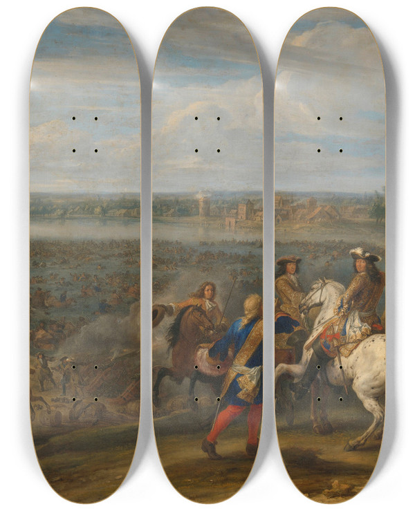 Triptych art skateboard deck of Adam Frans Van Der Meulen Louis Xiv Crossing Into The Netherlands At Lobith_2 by Adam Frans van der Meulen (1632-1690)