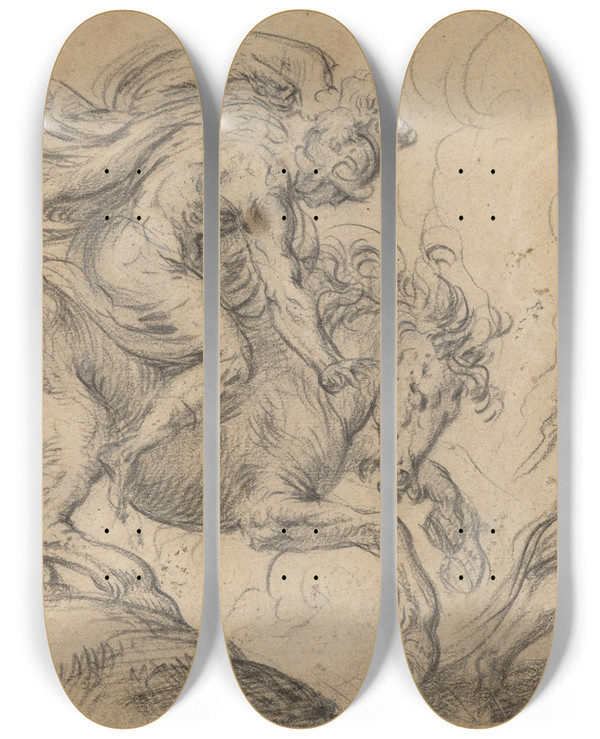 Triptych art skateboard deck of Franz Cleyn The Sacrifice Of Marcus Curtius by Franz Cleyn (1582-1658)