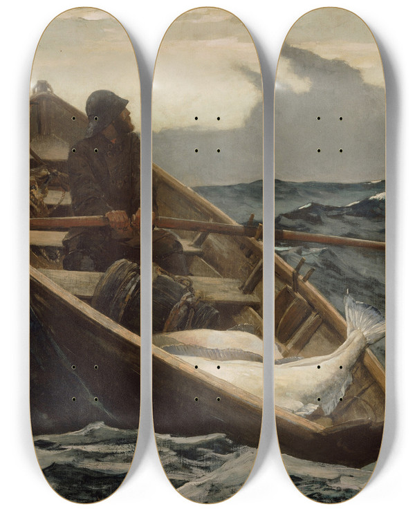 Triptych art skateboard deck of Winslow Homer The Fog Warning by Winslow Homer (1836-1910)