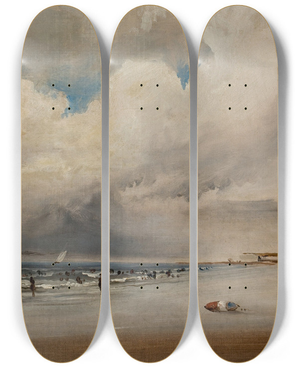 Triptych art skateboard deck of James Hamilton Beach Scene With Dramatic Sky by James Hamilton (1819-1878)