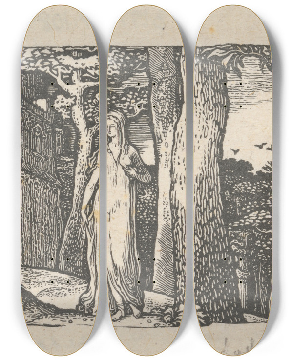 Triptych art skateboard deck of Edward Calvert The Lady And The Rooks by Edward Calvert (1799-1883)