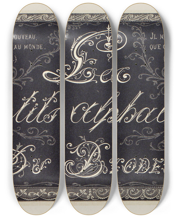 Triptych art skateboard deck of Douard Guichard Les Petits Alphabets Du Brodeur Pl02 by douard Guichard (1815-1889)