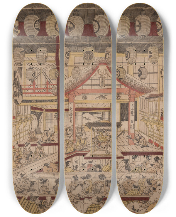 Triptych art skateboard deck of Okumura Masanobu Perspective View Of The Interior Of The Nakamura Theater With Ichikawa Ebizo Ii As Yanone Goro by Okumura Masanobu (1686-1764)