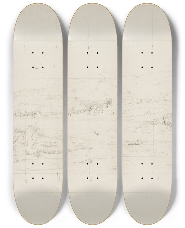 Triptych art skateboard deck of Charles Meryon The Little French Colony At Akaroa 1845 by Charles Meryon (1821-1868)