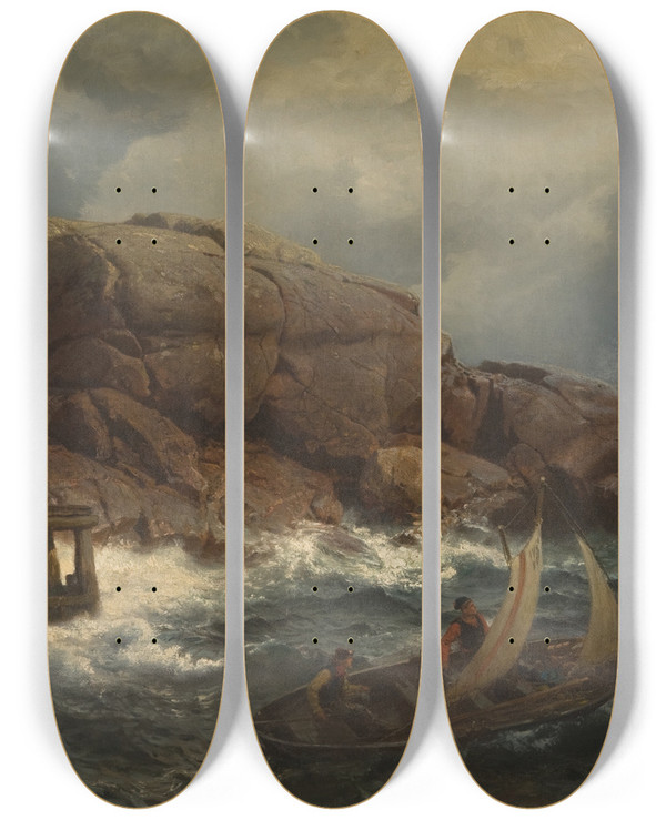 Triptych art skateboard deck of Hans Gude A Norwegian Seaport by Hans Gude (1825-1903)