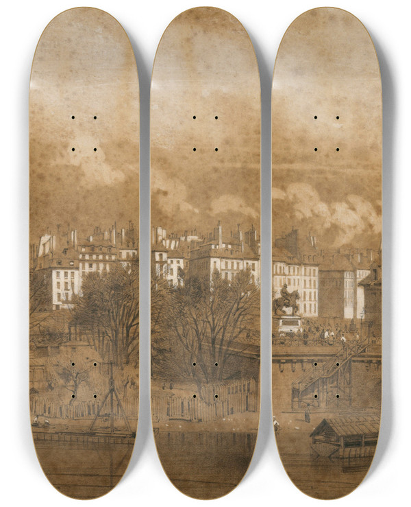 Triptych art skateboard deck of Louis Bentabole Vue De La Pointe De Lle De La Cit Du Pont Neuf Et Des Quais Du Louvre Et De La Mgisserie by Louis Bentabole (1820-1880)