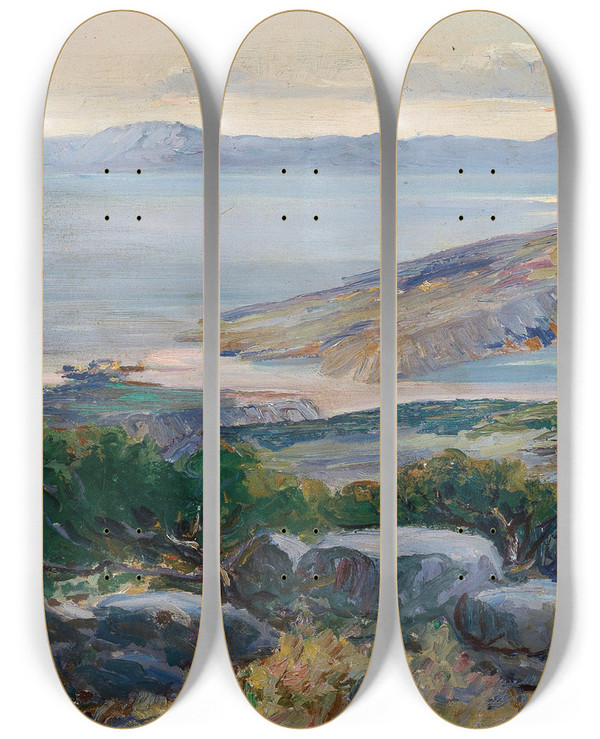 Triptych art skateboard deck of Menci Clement Crni A View Of The Adriatic Coast From Plase Near Rijeka by Menci Clement Crncic (1865-1930)