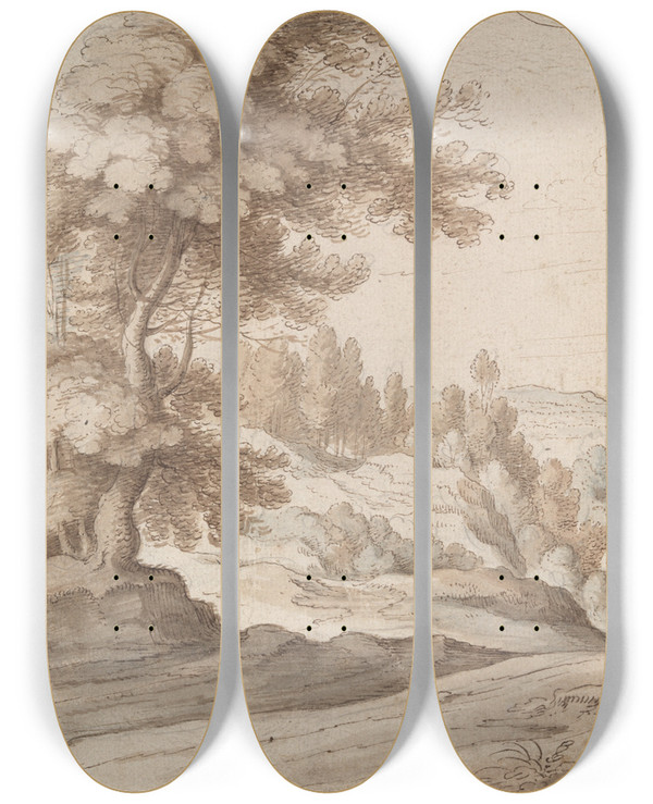 Triptych art skateboard deck of Paul Bril Landscape With Trees And View Into Avalley by Paul Bril (1554-1626)