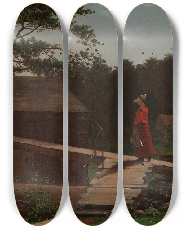 Triptych art skateboard deck of Winslow Homer Old Mill The Morningbell by Winslow Homer (1836-1910)