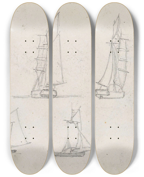 Triptych art skateboard deck of Hans Gude Studier Av Seilskip by Hans Gude (1825-1903)
