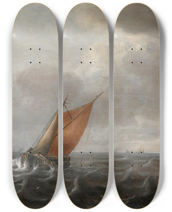 Triptych art skateboard deck of Justus De Verwer Ariver Estuary With Light Shipping In A Strong Breeze A View Of Haarlem Beyond by Justus de Verwer (1626-1689)