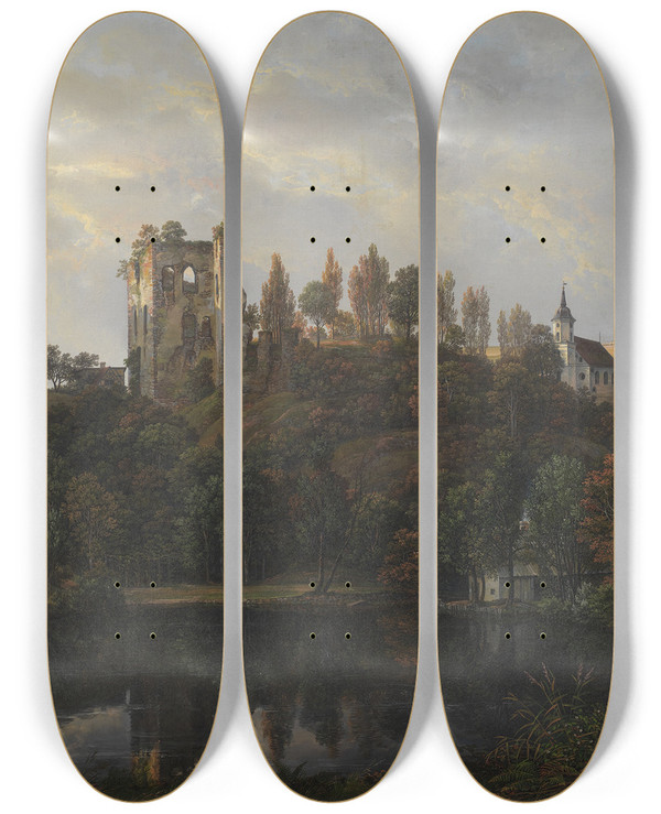 Triptych art skateboard deck of Johan Christian Dahl The Castle Ruin At Tharandt by Johan Christian Dahl (1788-1857)