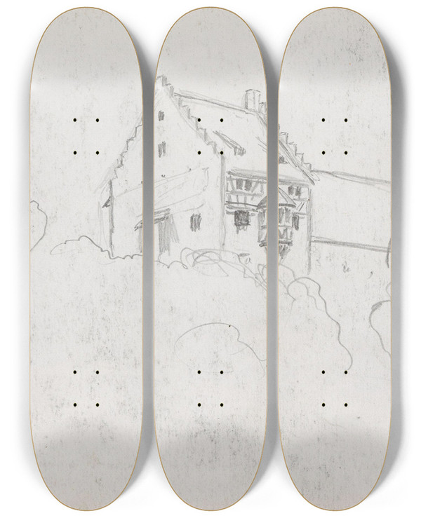 Triptych art skateboard deck of Hans Gude House Outside Berlingen by Hans Gude (1825-1903)