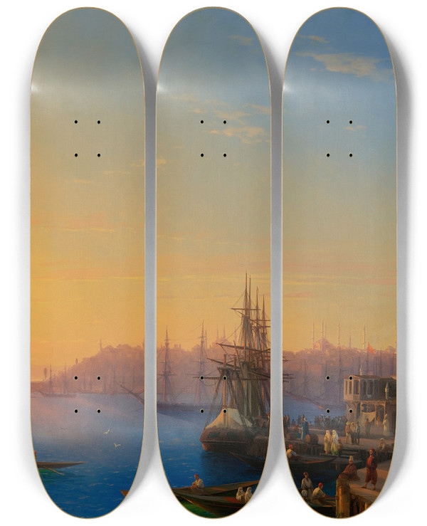 Triptych art skateboard deck of Ivan Konstantinovich Aivazovsky View Of Constantinople And The Bosphorus by Ivan Konstantinovich Aivazovsky (1817-1900)
