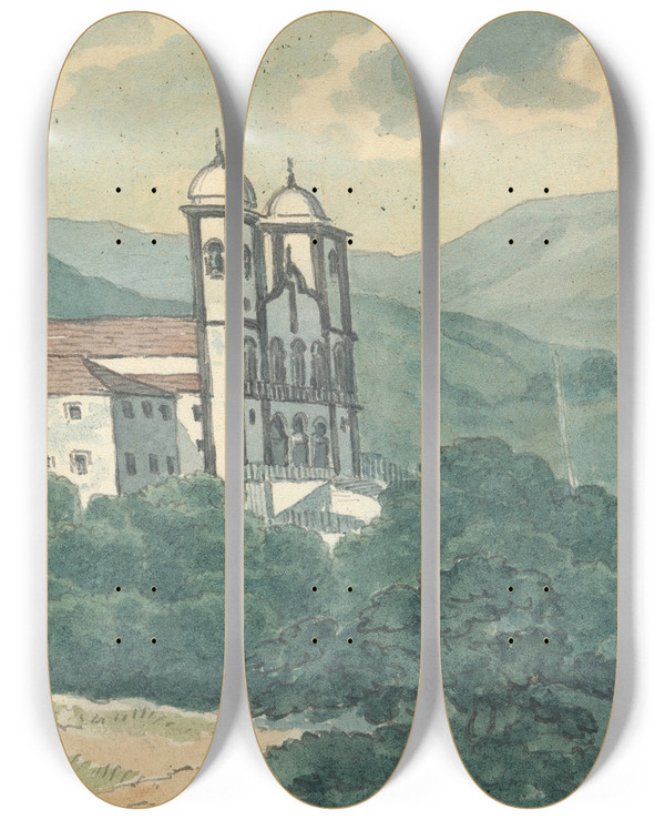 Triptych art skateboard deck of Thomas Bradshaw Villa In The Mountains by Thomas Bradshaw (1767)