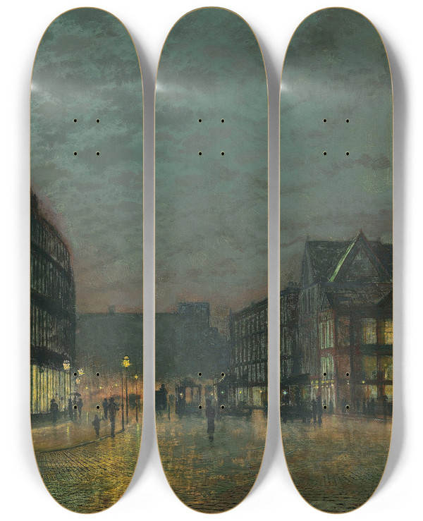 Triptych art skateboard deck of John Atkinson Grimshaw Boar Lane Leeds By Lamplight by John Atkinson Grimshaw (1836-1893)