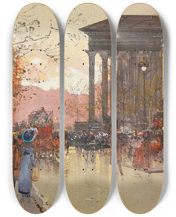 Triptych art skateboard deck of Eugne Galienlaloue Paris The Boulevard De La Madeleine In The Evening by Eugene Galien Laloue (1854-1941)