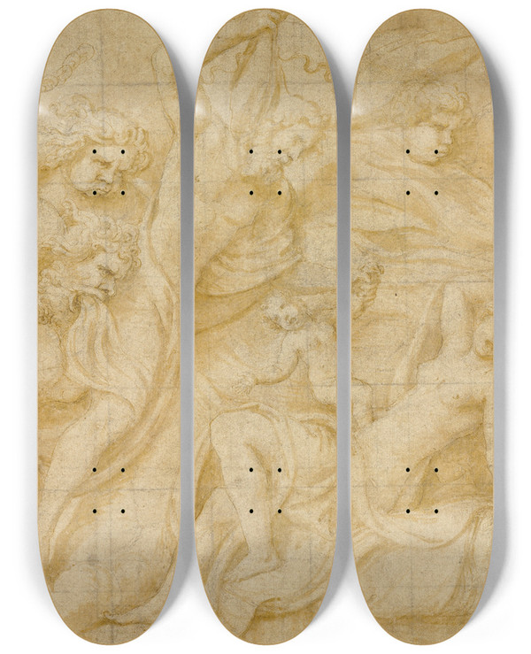 Triptych art skateboard deck of Giulio Romano Birth Of Bacchus by Giulio Romano (1492-1546)