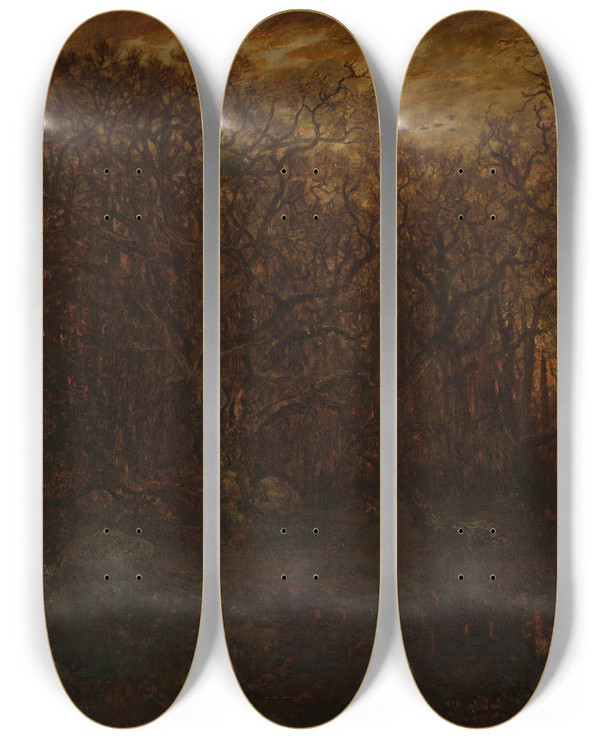 Triptych art skateboard deck of Thodore Rousseau The Forest In Winter At Sunset by Theodore Rousseau (1812-1867)