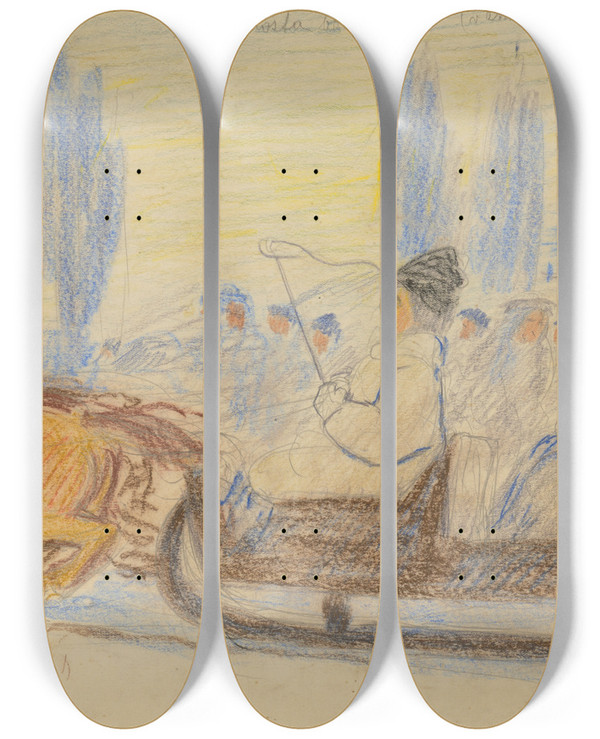 Triptych art skateboard deck of Jozef Hanula The Mayor Was In Town by Jozef Hanula (1863-1944)