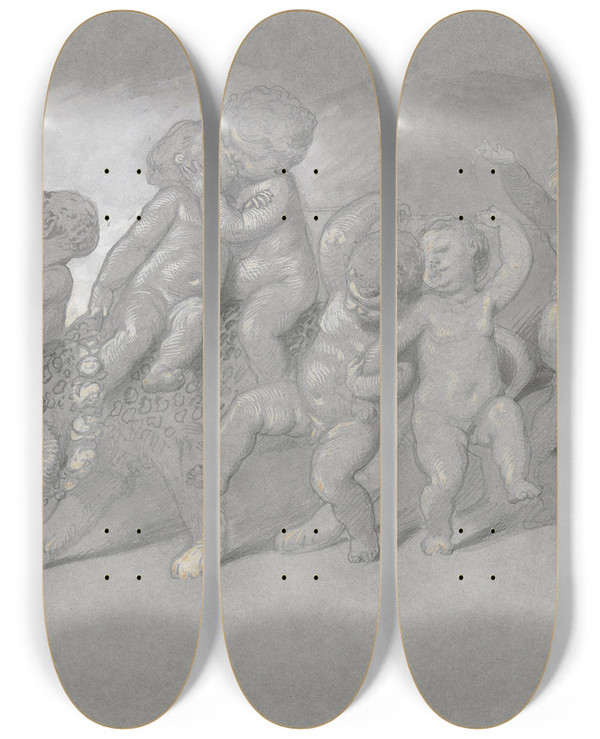 Triptych art skateboard deck of Eugen Klimsch Ein Von Amoretten Gebildeter Bacchantenzug by Eugen Klimsch (1839-1896)