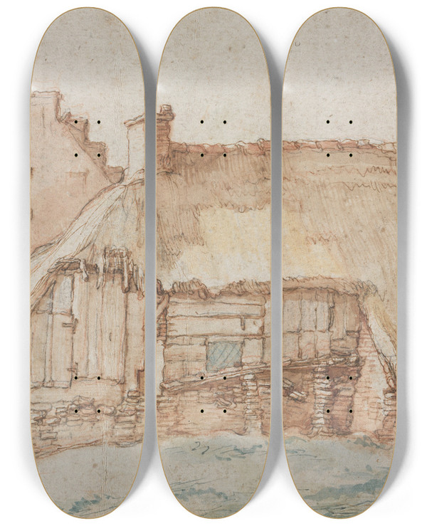 Triptych art skateboard deck of Abraham Bloemaert Peasants Cottage Recto by Abraham Bloemaert (1564-1651)