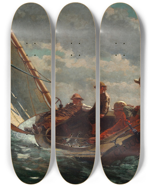 Triptych art skateboard deck of Winslow Homer Breezing Up A Fair Wind by Winslow Homer (1836-1910)