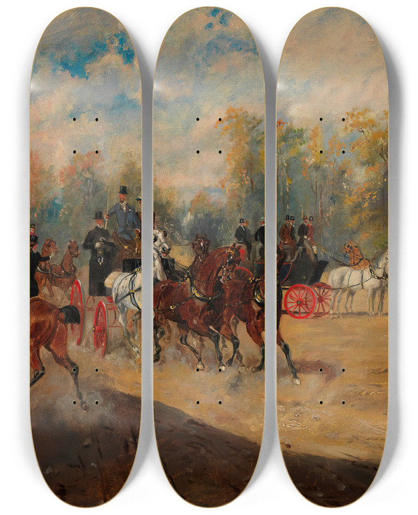 Triptych art skateboard deck of Alexander Von Bensa Praterfahrt by Alexander Von Bensa (1820-1902)