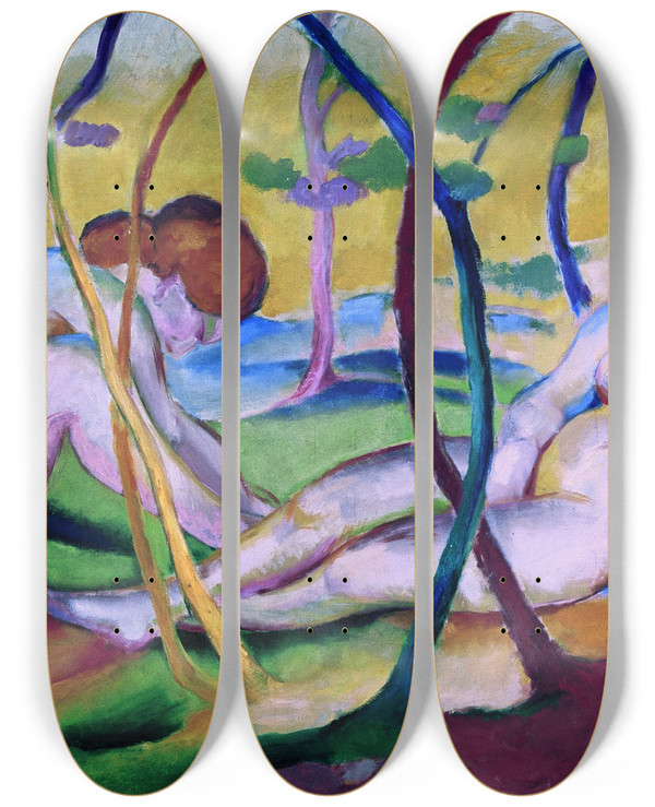 Triptych art skateboard deck of Franz Marc Nudes Under Trees by Franz Marc (1880-1916)