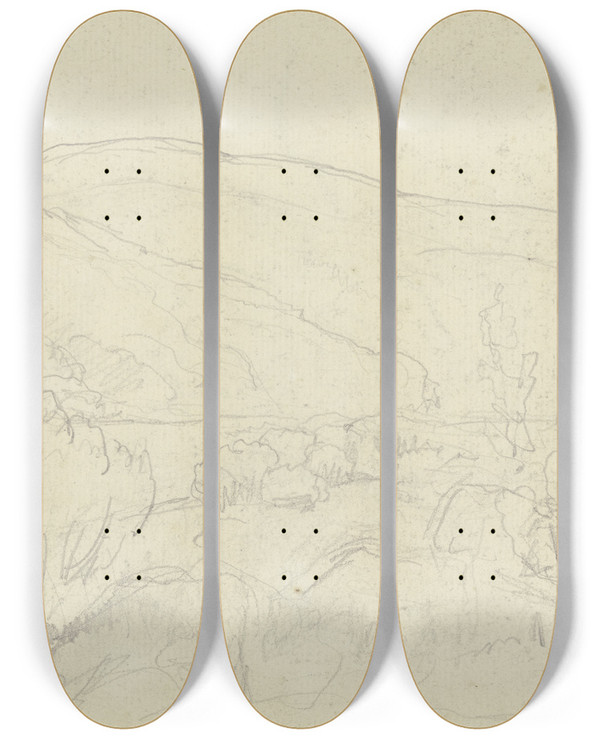 Triptych art skateboard deck of Otto Scholderer Landscape In The Kinzig Valley by Otto Scholderer (1834-1902)