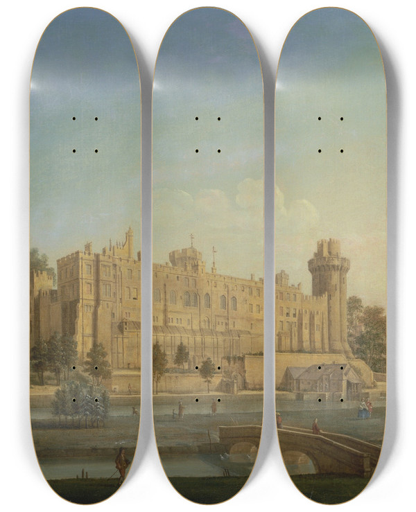 Triptych art skateboard deck of Francis Harding Warwick Castle by Francis Harding (1730-1766)