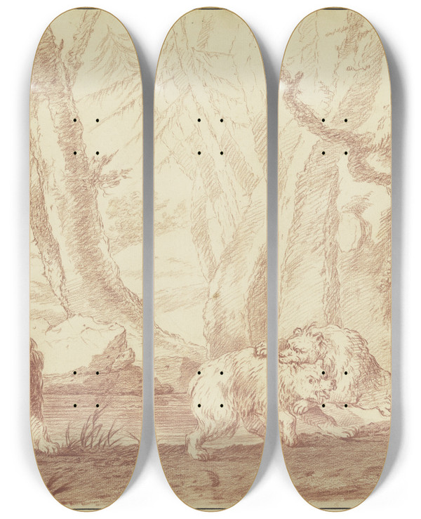 Triptych art skateboard deck of Johann Ludwig Von Pfeiff Zwei Bren Der Eine Von Einem Lwen Angegriffen by Johann Ludwig Von Pfeiff (1710-1779)