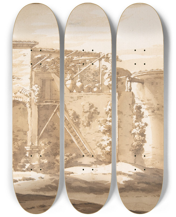 Triptych art skateboard deck of Jacob Van Der Ulft An Osteria In The Campagna by Jacob van der Ulft (1627-1689)